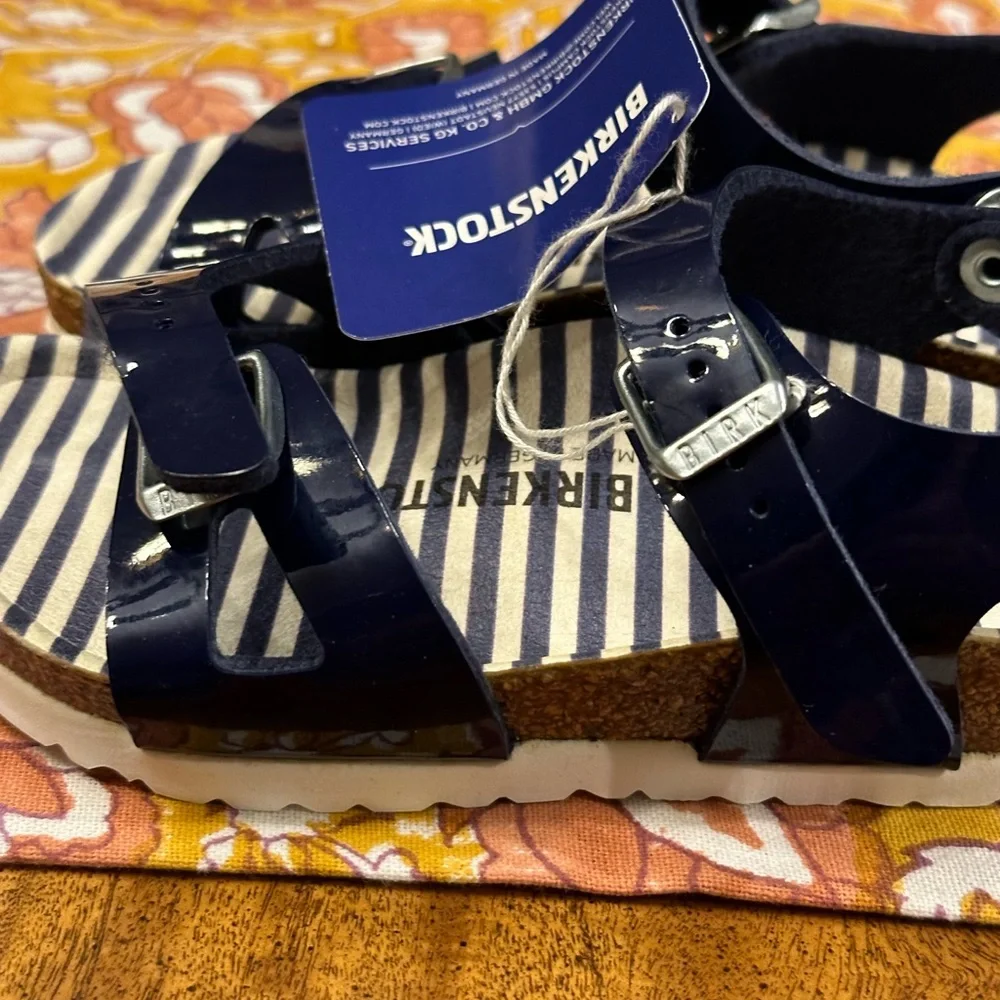 BIRKENSTOCK kids Rio nautical stripes navy Patent BF Marine Sandals